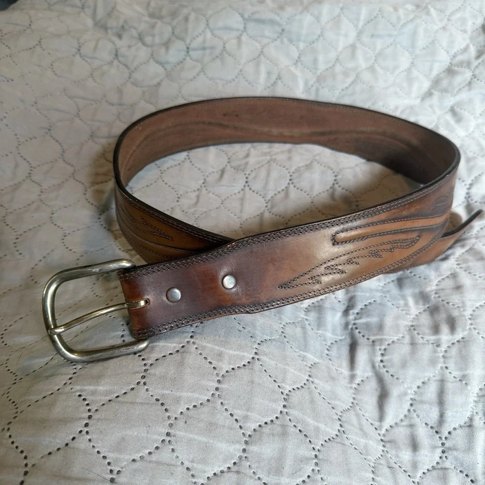 Vintage Size 34 Eagle Leather Works By Leegin Tooled Eagle Scenic Leather Belt